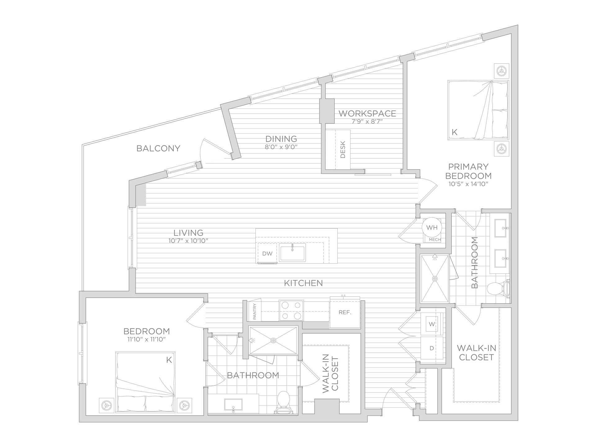 A rendering of a 2-bedroom floor plan at Starling.