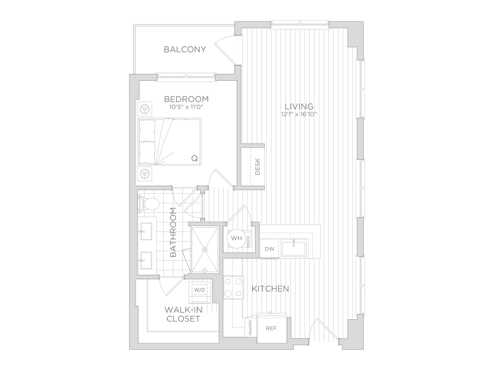 A rendering of a 1-bedroom floor plan at Starling.