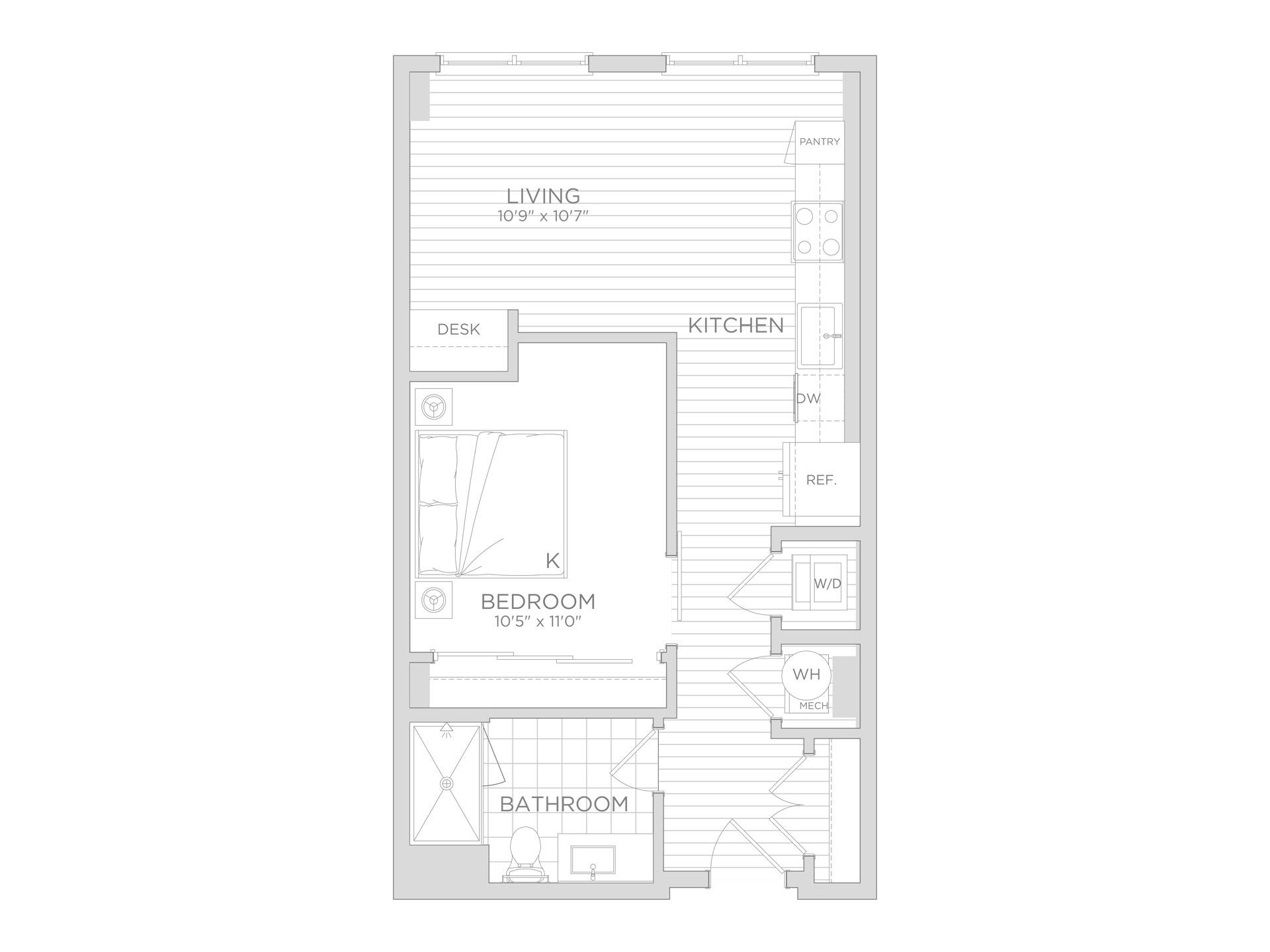 A rendering of a 1-bedroom floor plan at Starling.