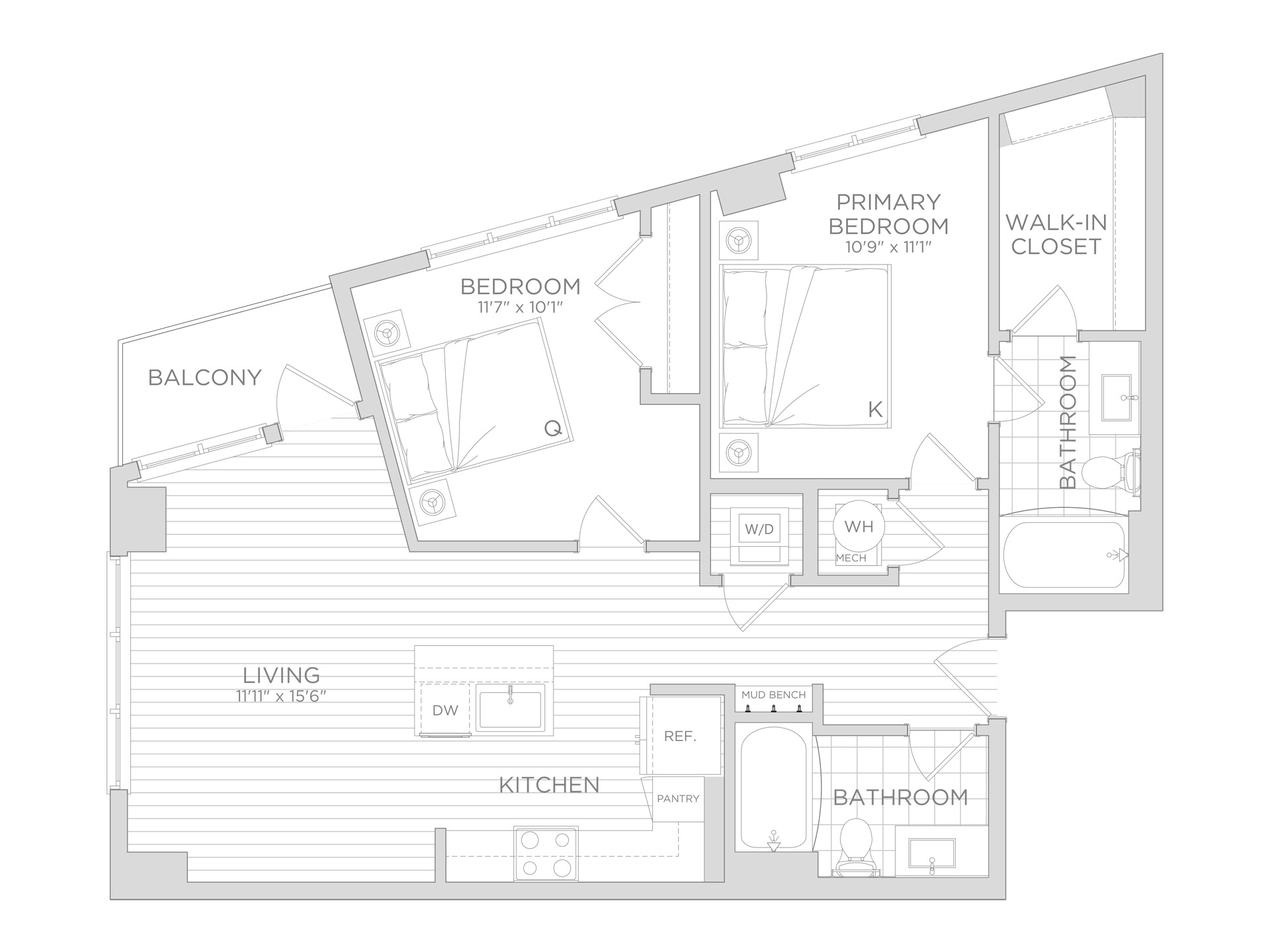 A rendering of a 2-bedroom floor plan at Starling.