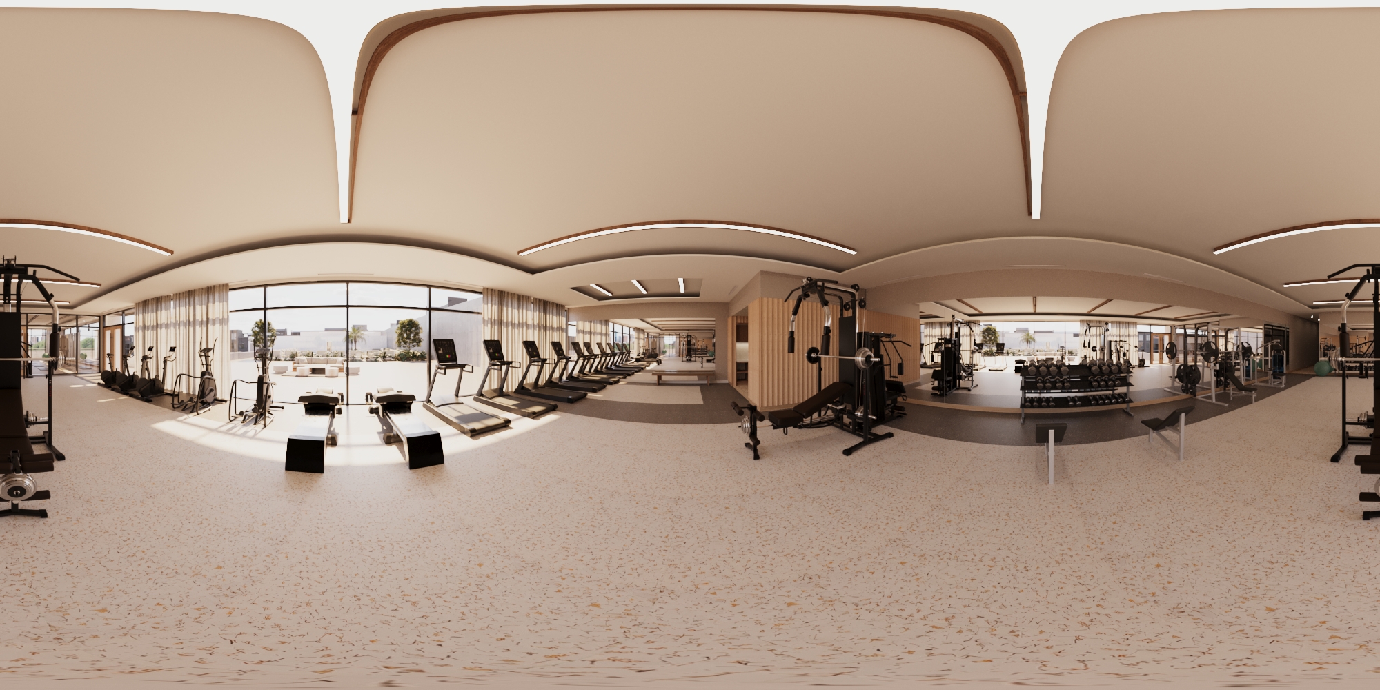 Panoramic views of a gym in an apartment building.
