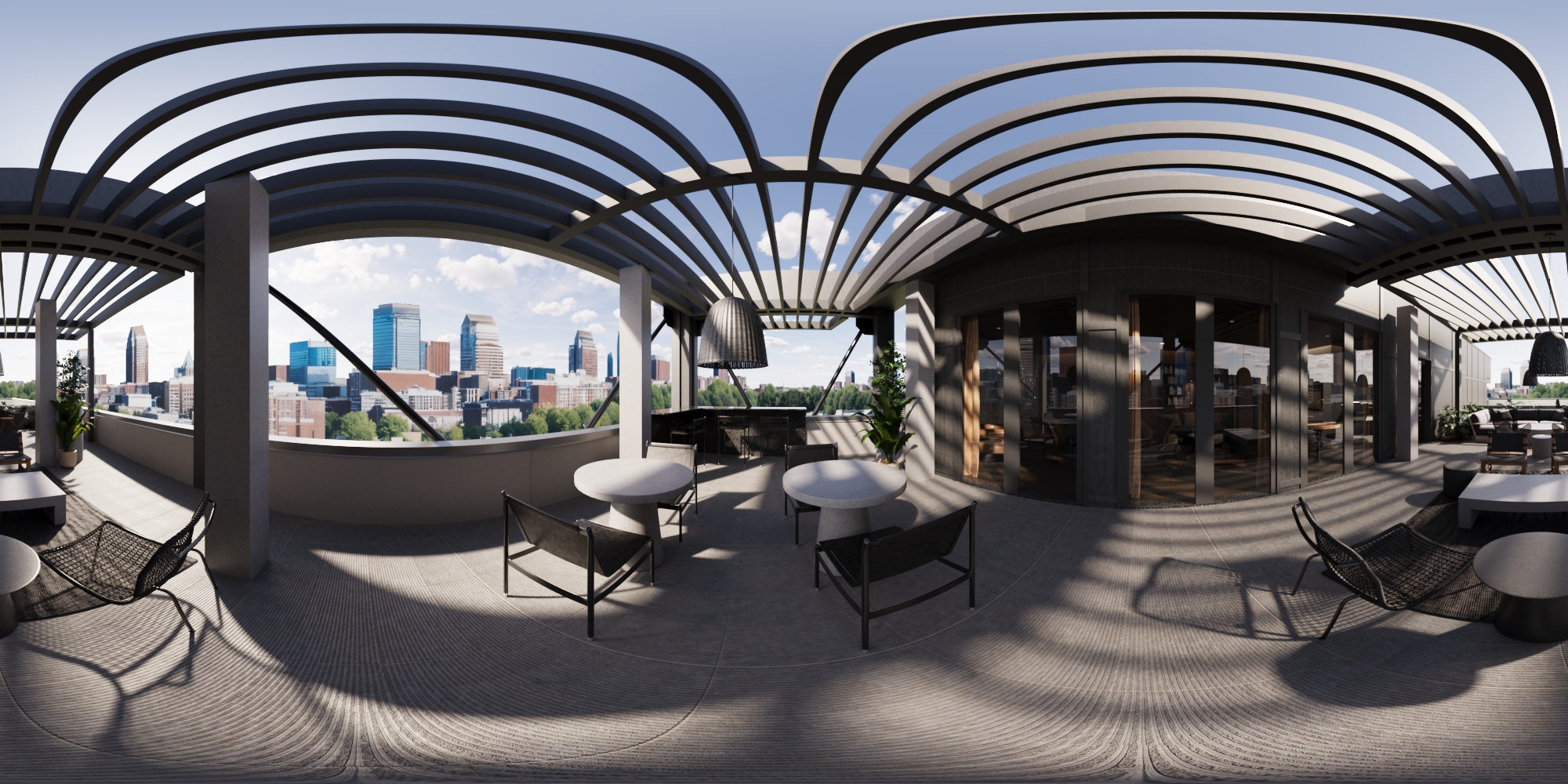 Panoramic views of an outdoor space at an apartment building.