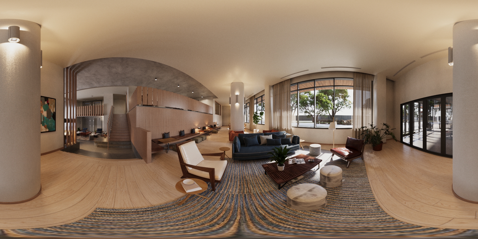 Panoramic views of a lobby in an apartment building.
