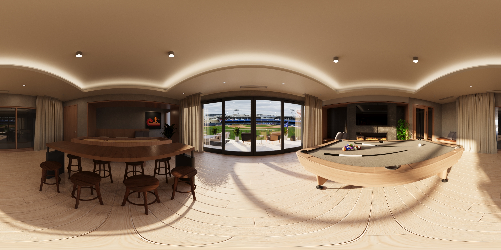 Panoramic views of a common area in an apartment building.
