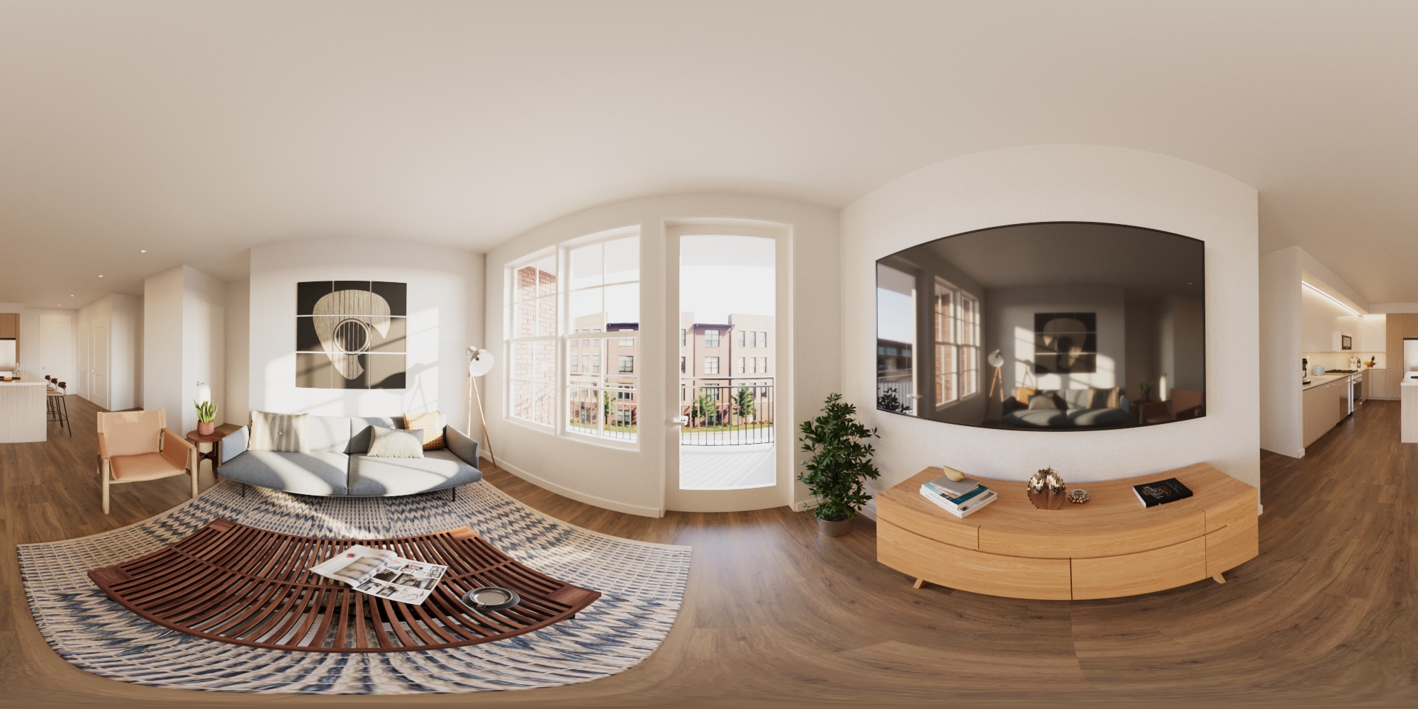 Panoramic views spanning from left to right showing a kitchen, living room, balcony and television area.